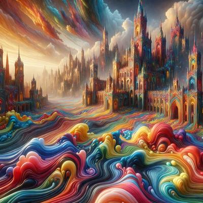 Primary subject: A colorful, surreal landscape with a castle in the background.

Setting/background: The landscape is filled with vibrant colors and features a castle in the distance.

Visual style: The image is a digital art piece, featuring a surreal and colorful scene.

Colors and mood: The colors are vivid and lively, creating a whimsical and dreamlike atmosphere.